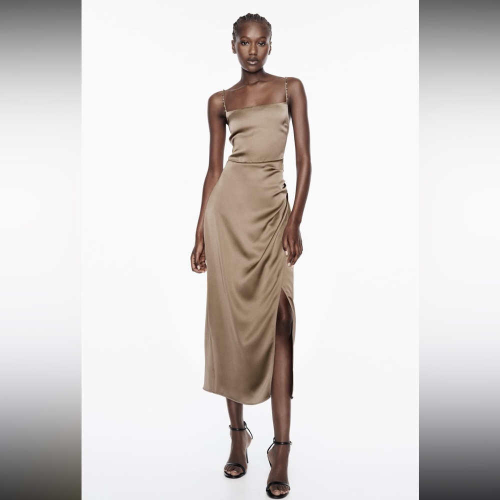 Zara Rhinestone Strap Satin Effect Midi Dress size small, color mink